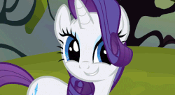 Size: 853x467 | Tagged: safe, screencap, rarity, pony, unicorn, g4, season 3, spike at your service, animated, cute, faic, female, grin, hair over one eye, imma snuggle you, mare, raribetes, smiling, solo, vibrating