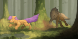 Size: 4000x2037 | Tagged: safe, artist:fuzzyfox11, scootaloo, g4, chase, floppy ears, fluffy, mouth hold, oh crap, running, scared, this will end in tears and/or death and/or covered in tree sap, whip, wide eyes