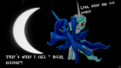 Size: 1024x576 | Tagged: safe, artist:lupiarts, princess celestia, princess luna, g4, alicorn eclipse, belly, bipedal, black background, catasterism, concave belly, crescent moon, duo, eclipse, female, height difference, horn, long horn, mare, moon, simple background, solar eclipse, spread wings, traditional art