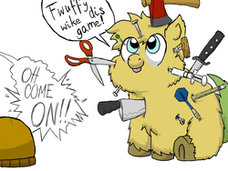 Size: 1600x1200 | Tagged: safe, artist:fluffytaffy, artist:the mungoman, fluffy pony, :p, abuse, axe, corkscrew, dart, grimderp, immortality is awesome, invulnerability, knife, looking up, nail, needle, oh come on, pencil, pin, scissors, screw, simple background, sitting, smiling, syringe, tongue out, underhoof, weapon, white background