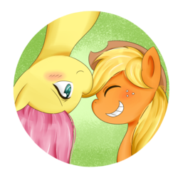 Size: 900x900 | Tagged: safe, artist:cartoonartist, artist:senseijiufu, applejack, fluttershy, pony, g4, blushing, duo, eyes closed, female, grin, lesbian, ship:appleshy, shipping, smiling, upside down