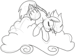 Size: 500x376 | Tagged: safe, artist:lovelywaifu, fleetfoot, g4, cloud, female, monochrome, sketch, sleeping, solo