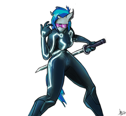 Size: 839x768 | Tagged: safe, artist:adolphbartels, dj pon-3, vinyl scratch, anthro, g4, clothes, glasses, jumpsuit, katana, sword, weapon