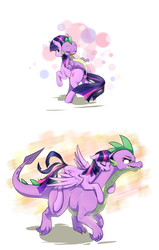 Size: 1260x1975 | Tagged: safe, artist:aymint, spike, twilight sparkle, alicorn, dragon, pony, unicorn, g4, adult, adult spike, butt, cute, dragons riding ponies, duo, eyes closed, female, floppy ears, hug, looking back, male, mama twilight, mare, older, older spike, on back, open mouth, plot, ponies riding dragons, quadrupedal spike, raised hoof, riding, role reversal, simple background, sleeping, smiling, spike riding twilight, spikelove, spread wings, twilight sparkle (alicorn), underhoof, unicorn twilight, white background