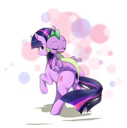 Size: 780x786 | Tagged: safe, artist:aymint, spike, twilight sparkle, dragon, pony, g4, butt, dragons riding ponies, eyes closed, looking back, plot, raised hoof, riding, sleeping, smiling, spike riding twilight, twibutt, underhoof
