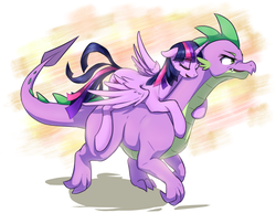 Size: 1209x935 | Tagged: safe, artist:aymint, spike, twilight sparkle, alicorn, dragon, pony, g4, adult spike, duo, eyes closed, female, male, mare, older, ponies riding dragons, quadrupedal spike, riding, simple background, twilight riding spike, twilight sparkle (alicorn), white background