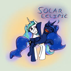 Size: 700x700 | Tagged: safe, artist:gigicurtis, princess celestia, princess luna, alicorn, pony, g4, alicorn eclipse, bipedal, catasterism, concave belly, eclipse, eyes closed, frown, open mouth, pun, raised leg, smiling, solar eclipse, unamused, visual pun