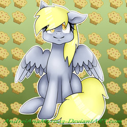 Size: 1024x1024 | Tagged: safe, artist:andreianamaria13, derpy hooves, pegasus, pony, g4, female, mare, muffin, sitting, smiling, solo, spread wings