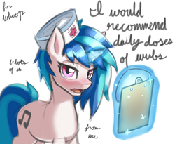 Size: 3120x2560 | Tagged: safe, artist:ligerstorm, dj pon-3, vinyl scratch, pony, unicorn, g4, blushing, clipboard, dialogue, female, hat, high res, levitation, looking at you, magic, mare, nurse, nurse hat, open mouth, simple background, solo, white background
