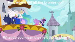 Size: 699x391 | Tagged: safe, artist:hewylewis, edit, edited screencap, screencap, princess celestia, princess luna, twilight sparkle, alicorn, pony, g4, magical mystery cure, alicorn drama, alicorn drama drama, background pony strikes again, bronybait, clothes, coronation dress, crown, drama, drama drama, dress, female, group, image macro, jewelry, leaving the fandom, mare, meme, metadrama, old drama, regalia, slowpoke, smiling, twilight sparkle (alicorn), wings