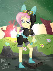 Size: 1600x2133 | Tagged: safe, artist:sumin6301, fluttershy, equestria girls, g4, bunny ears, clothes, costume, cute, dangerous mission outfit, female, fingerless gloves, gloves, hoodie, looking at you, shoes, solo
