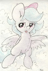 Size: 679x1007 | Tagged: safe, artist:slightlyshade, flitter, g4, cloud, female, on back, solo, spread wings, tongue out, traditional art