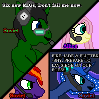 Size: 200x200 | Tagged: safe, artist:derek the metagamer, fluttershy, princess luna, oc, oc:derek the metagamer, oc:fire jade, pegasus, pony, gamer luna, g4, command and conquer, female, gamers, gamershy, headset, mare, open ra, pixel art, red alert, split screen, traditional royal canterlot voice