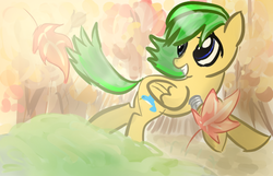 Size: 600x387 | Tagged: safe, artist:geekpony, oc, oc only, oc:gold star, pegasus, pony, grin, leaf, looking back, running, smiling, solo