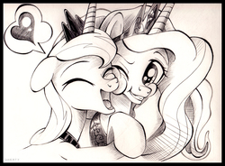 Size: 3612x2655 | Tagged: safe, artist:uminanimu, princess celestia, princess luna, alicorn, pony, lunadoodle, g4, cute, duo, eyes closed, grayscale, grin, happy, heart, high res, hug, lunabetes, monochrome, nuzzling, open mouth, pictogram, sisters, smiling, snuggling, speech bubble, squishy cheeks, traditional art