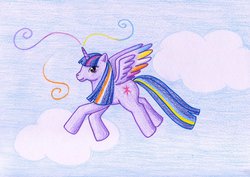 Size: 1024x727 | Tagged: safe, artist:normaleeinsane, twilight sparkle, alicorn, pony, g4, cloud, cloudy, female, flying, mare, solo, traditional art, twilight sparkle (alicorn)