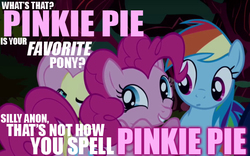 Size: 576x360 | Tagged: safe, fluttershy, pinkie pie, rainbow dash, g4, artifact, caption, image macro, meme, pink text