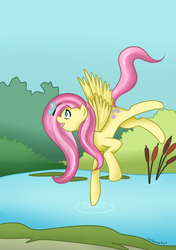 Size: 419x595 | Tagged: safe, artist:cartoonartist, artist:senseijiufu, fluttershy, butterfly, pony, g4, cattails, female, reeds, solo, water