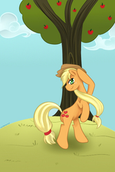 Size: 397x594 | Tagged: safe, artist:cartoonartist, artist:senseijiufu, applejack, earth pony, pony, g4, applehat, female, solo, tree