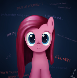 Size: 2600x2615 | Tagged: safe, artist:flufflelord, marble pie, pinkie pie, g4, aftermath of a fallen star, crying, dark, disembodied thoughts, eyes, fanfic, fanfic art, female, front, high res, pinkamena diane pie, reflection, sad, solo
