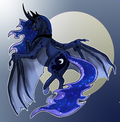 Size: 2331x2361 | Tagged: safe, artist:crimsonpencil94, princess luna, g4, bat wings, curved horn, fangs, female, high res, horn, solo