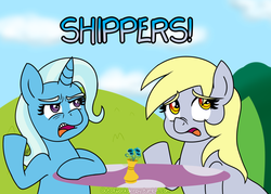 Size: 1280x914 | Tagged: safe, artist:outofworkderpy, derpy hooves, trixie, pegasus, pony, unicorn, g4, description is relevant, duo, duo female, female, mare, outofworkderpy, reaction image, table