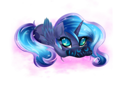 Size: 4900x3592 | Tagged: safe, artist:magnaluna, princess luna, g4, abstract background, absurd resolution, clothes, cloud, cute, ethereal mane, female, filly, looking at you, lying down, prone, simple background, socks, solo, starry mane, transparent background, woona