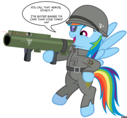 Size: 3000x2787 | Tagged: safe, artist:a4r91n, rainbow dash, pegasus, pony, g4, allied nations, command and conquer, crossover, female, helmet, high res, military uniform, red alert, rocket launcher, simple background, soldier, solo, speech bubble, transparent background, vector