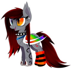 Size: 920x868 | Tagged: dead source, safe, artist:scarlet-spectrum, oc, oc only, bat pony, pony, choker, clothes, donut steel, heterochromia, piercing, ponysona, simple background, socks, solo, spiked choker, striped socks, tattoo, transparent background, what has science done