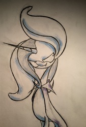 Size: 2212x3264 | Tagged: safe, artist:quantumpinkie, trixie, pony, unicorn, g4, big ears, concave belly, female, high res, impossibly large ears, lanky, mare, plotting, skinny, solo, stylized, tall, thin, traditional art