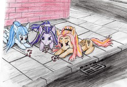 Size: 3238x2232 | Tagged: safe, artist:40kponyguy, derpibooru exclusive, adagio dazzle, aria blaze, sonata dusk, pegasus, pony, g4, crying, feels, high res, homeless, ponified, poverty, the dazzlings, traditional art