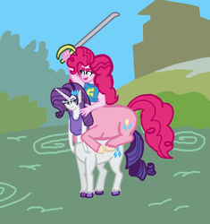 Size: 1160x1236 | Tagged: safe, artist:oneovertwo, pinkie pie, rarity, centaur, ponytaur, taur, equestria girls, g4, pinkie pie riding rarity, ponies riding ponies, riding, sword, unamused