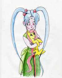 Size: 2434x3042 | Tagged: safe, artist:40kponyguy, derpibooru exclusive, fluttershy, g4, crossover, cuddling, cute, high res, sasami, tenchi muyo, traditional art