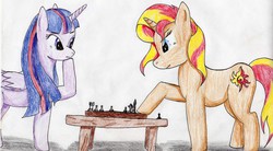 Size: 3474x1914 | Tagged: safe, artist:40kponyguy, derpibooru exclusive, sunset shimmer, twilight sparkle, alicorn, pony, unicorn, g4, chess, female, mare, ponified, traditional art, twilight sparkle (alicorn)