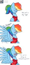 Size: 700x1485 | Tagged: safe, artist:lrusu, rainbow dash, soarin', ask teen rainbow dash, g4, ask, askteenrd, blatant lies, blushing, embarrassed, female, implied soarin', implied soarindash, male, pomf, rainbow dash always dresses in style, ship:soarindash, shipping, solo, straight, tumblr, wingboner