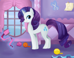 Size: 904x715 | Tagged: safe, artist:taskuli, rarity, g4, female, looking at you, magic, profile, ribbon, scissors, smiling, solo, telekinesis, window, yarn