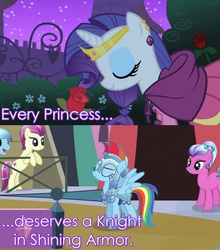 Size: 882x1003 | Tagged: safe, edit, edited screencap, screencap, elbow grease, fleur de verre, night knight, paradise (g4), rainbow dash, rarity, g4, the best night ever, the crystal empire, armor, clothes, dress, fairy tale, female, gala dress, image macro, implied raridash, lesbian, meme, purple text, screencap comic, ship:raridash, shipping