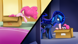 Size: 2400x1350 | Tagged: safe, artist:flamevulture17, pinkie pie, princess luna, alicorn, earth pony, pony, g4, :o, boop, boop box, box, cute, duo, female, mare, now you're thinking with portals, open mouth, pinkie being pinkie, pinkie physics, portal, smiling, surprised, wallpaper, wide eyes