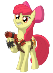 Size: 1394x1920 | Tagged: safe, artist:nebulastar985, apple bloom, earth pony, pony, g4, alternate cutie mark, apple boom, bomb, bow, dynamite, female, filly, grin, hair bow, simple background, smiling, solo, this will end in death, this will end in explosions, tools, transparent background, xk-class end-of-the-world scenario
