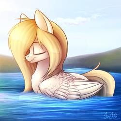 Size: 1000x1000 | Tagged: safe, artist:fenwaru, oc, oc only, pegasus, pony, eyes closed, floating, pegaduck, solo, water