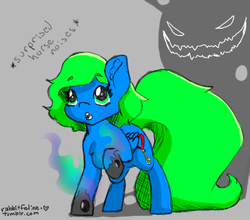 Size: 415x366 | Tagged: safe, artist:bunnycat, oc, oc only, oc:sweet key, changeling, behind you, changing, descriptive noise, female, horse noises, meme, monster, scared, secrets, shadow