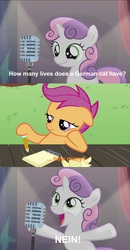 Size: 870x1674 | Tagged: safe, scootaloo, sweetie belle, bloom & gloom, g4, bad sweetie belle joke, german, pun