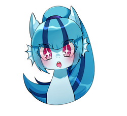 Size: 900x821 | Tagged: safe, artist:katuhira_rinmi, sonata dusk, hybrid, pony, siren, g4, blushing, bust, cute, drool, equestria girls ponified, eye clipping through hair, female, fins, looking at you, mare, pixiv, ponified, portrait, simple background, siren ears, siren pony, solo, sonatabetes, sparkly eyes, starry eyes, white background, wingding eyes