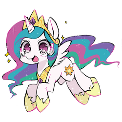 Size: 800x800 | Tagged: safe, artist:katuhira_rinmi, princess celestia, pony, g4, cute, cutelestia, female, looking at you, open mouth, pixiv, simple background, smiling, solo, sparkles, white background