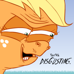Size: 615x615 | Tagged: safe, artist:hotdiggedydemon, applejack, earth pony, pony, g4, close-up, disgusted, face, female, jappleack, reaction, solo, text