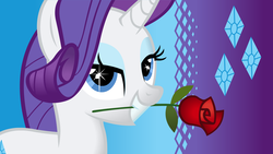 Size: 1920x1080 | Tagged: safe, artist:doctor-g, rarity, pony, unicorn, g4, bedroom eyes, cutie mark, female, flower, mare, mouth hold, rose, simple background, solo, vector, wallpaper
