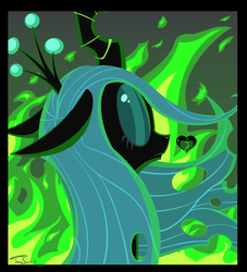 Size: 3507x3861 | Tagged: dead source, safe, artist:insomniacovrlrd, queen chrysalis, g4, eyes closed, female, green fire, heart, heartbreak, portrait, solo, wallpaper