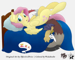 Size: 4000x3200 | Tagged: safe, artist:dfectivedvice, artist:wodahseht, angel bunny, discord, fluttershy, g4, bed, sleeping, zzz