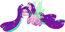 Size: 3000x1491 | Tagged: safe, artist:xebck, aria blaze, pony, g4, >:), butterfly wings, equestria girls ponified, female, gradient hooves, green wings, multicolored hair, ponified, rainbow hair, rainbow power, rainbow power-ified, rainbow tail, simple background, siren pony, siren wings, solo, transparent background, vector, wings