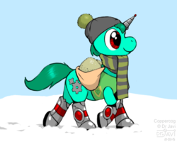 Size: 500x400 | Tagged: safe, artist:drjavi, oc, oc only, oc:coppercog, earth pony, pony, g4, winter wrap up, clothes, fake horn, plant team, prosthetics, scarf, snow, solo, vest, walking, winter outfit, winter wrap up vest